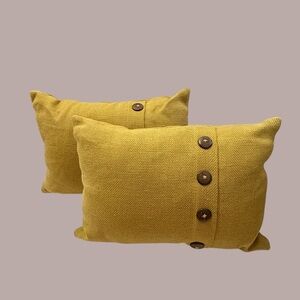2 World Market Mustard Yellow Green Woven Jute Button Accent Throw Pillows 14x20